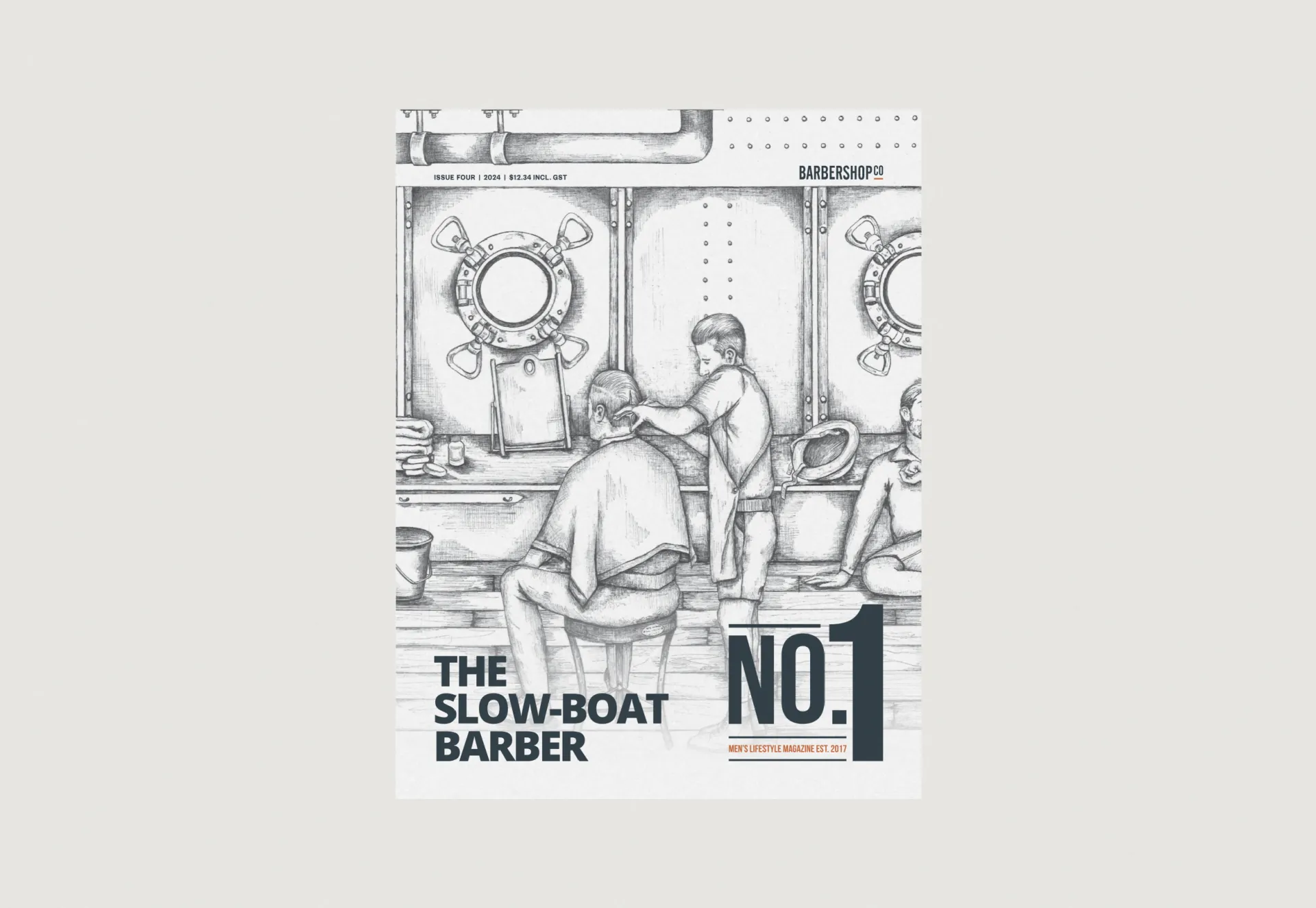 The cover of BarberShopCo’s No.1 magazine, issue four: The Slow-Boat Barber, a pen drawing of a barber at work aboard a ship.