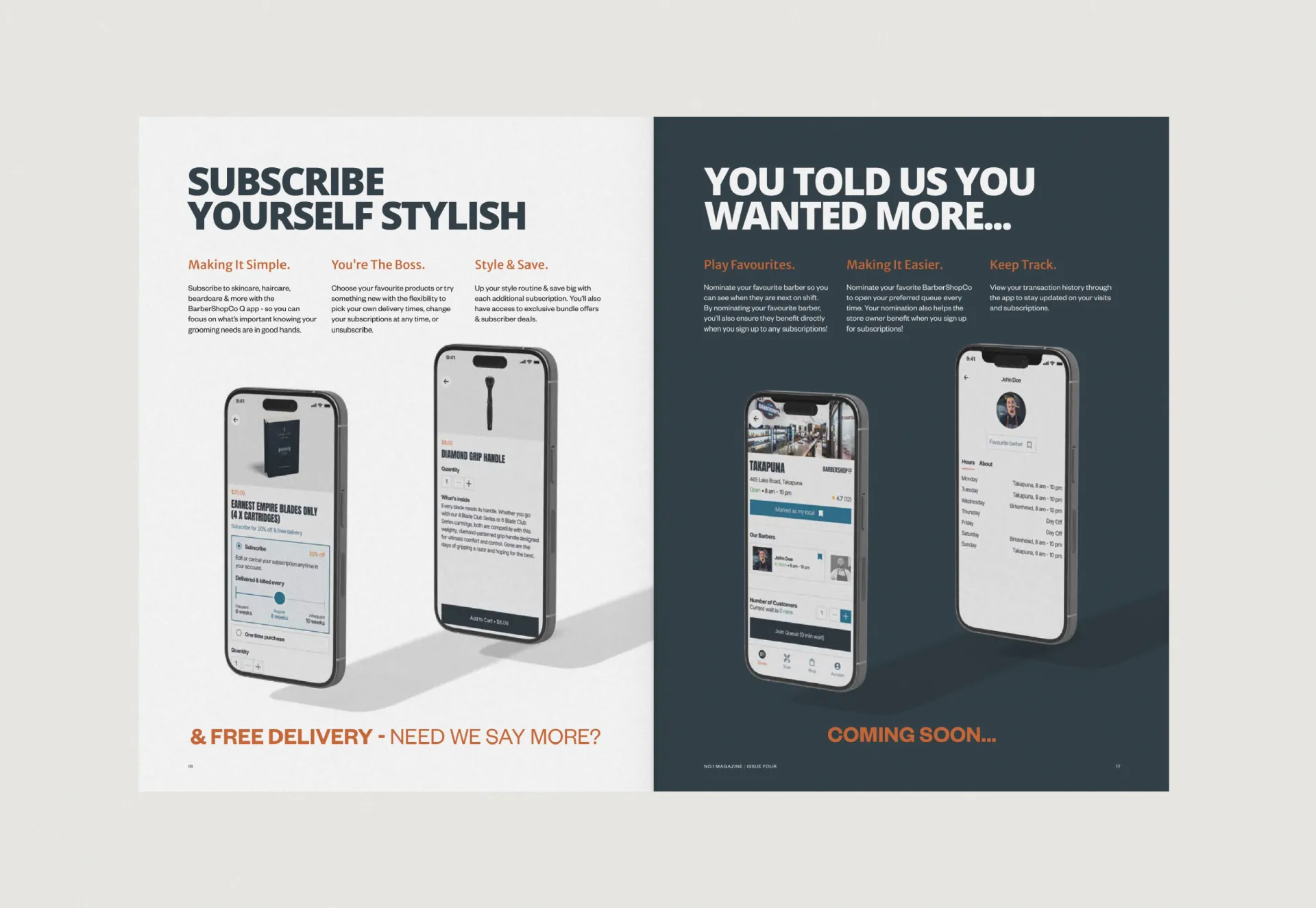 A spread on subscribing through the BarberShopCo app, two phones on each page, one page light and one dark.