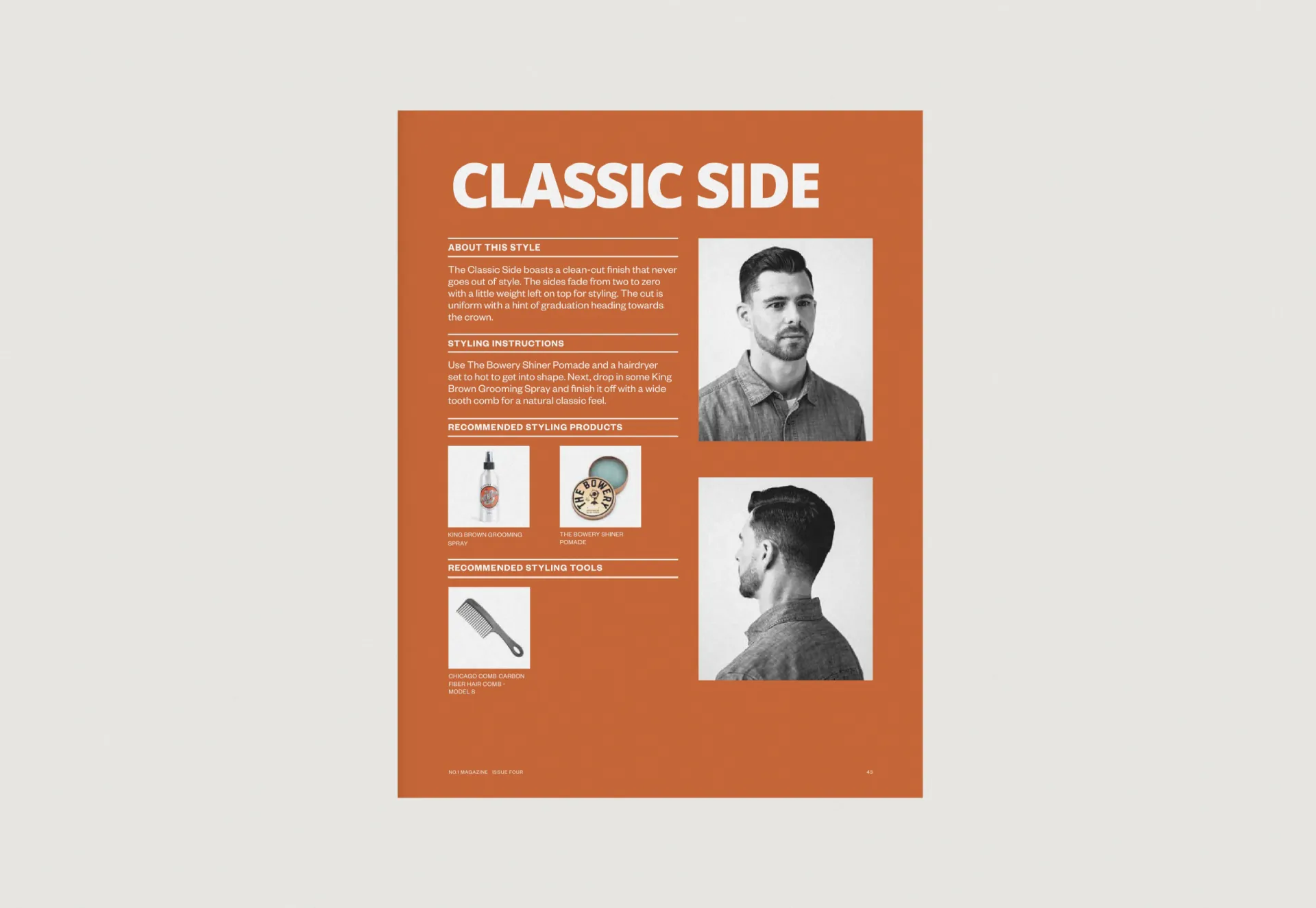 The Classic Side page in orange, its styling notes, products and tools beside two photographs of the haircut.