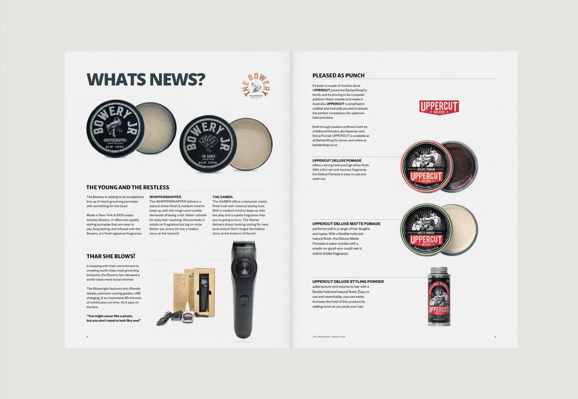 A What’s News? spread of grooming products: Bowery Jr pomades and a trimmer, and Uppercut Deluxe pomades and powder.