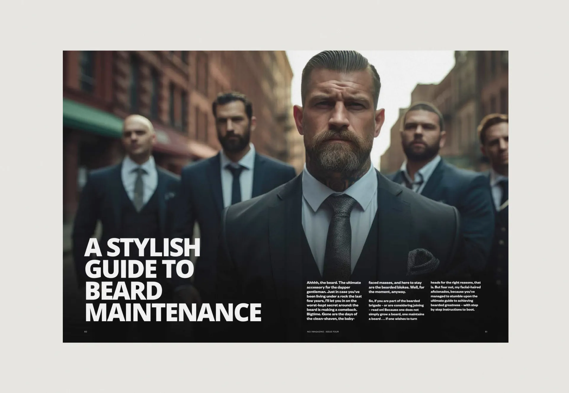 The opening spread of A Stylish Guide to Beard Maintenance, over bearded men in suits on a city street.
