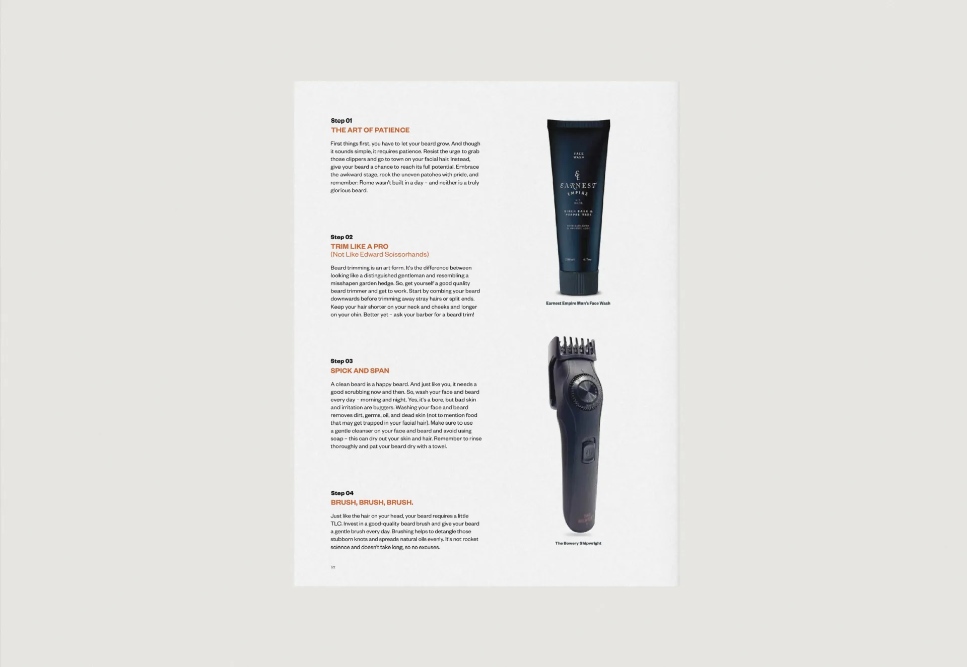 A page of four beard care steps, beside a face wash and a beard trimmer.