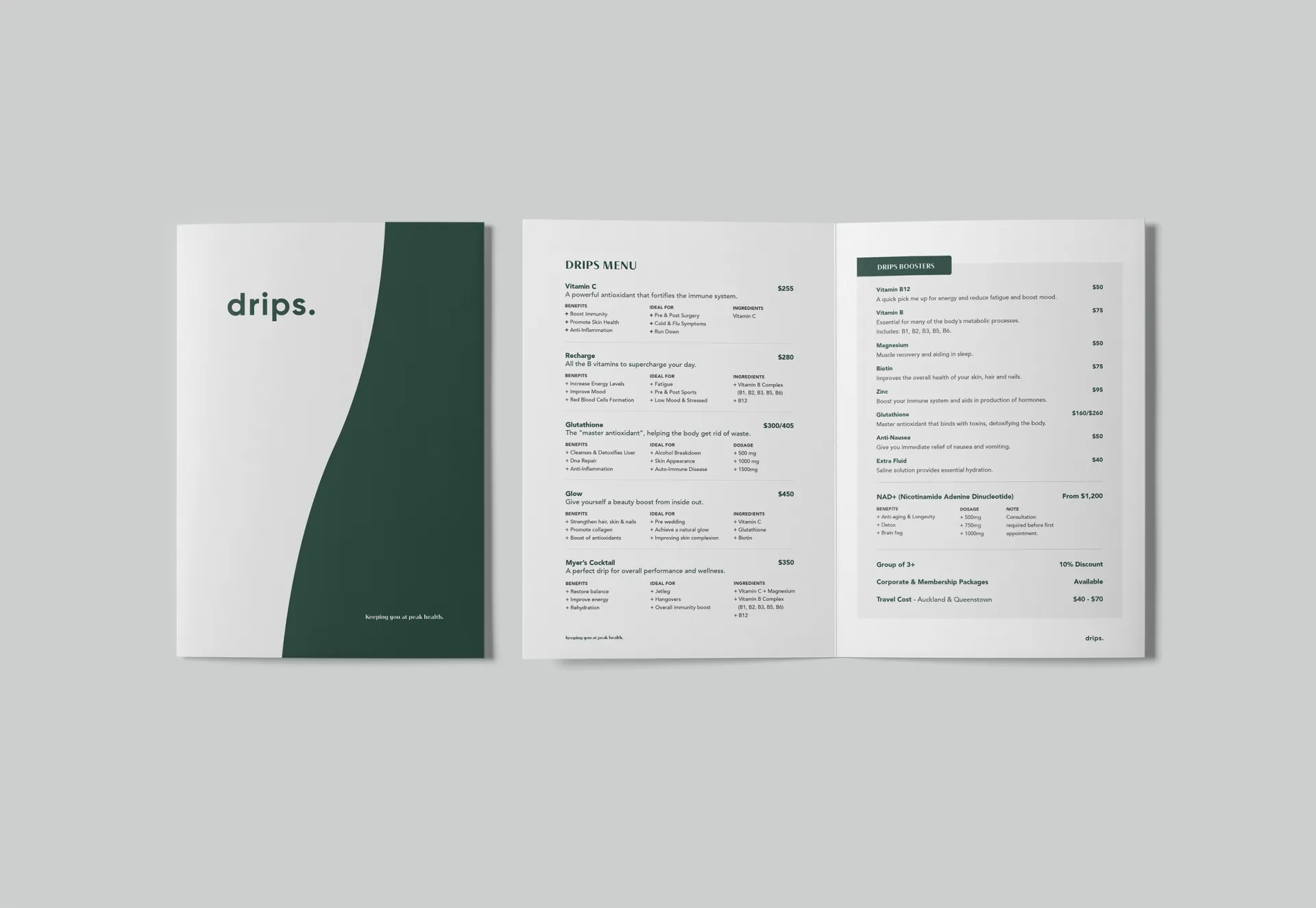 The Drips menu, open beside its green and white cover.