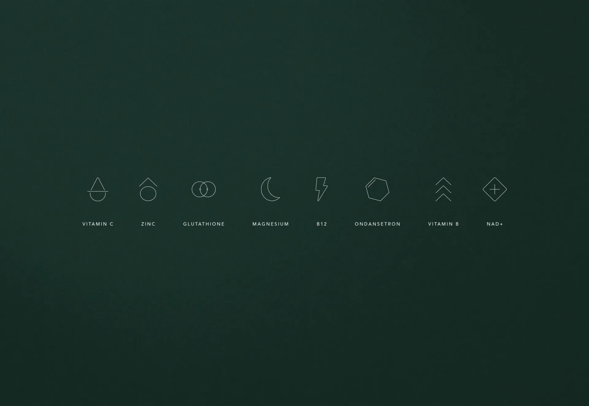 Eight thin line icons for Drips treatments - vitamin C, zinc, glutathione, magnesium, B12, ondansetron, vitamin B and NAD+ - on deep green.