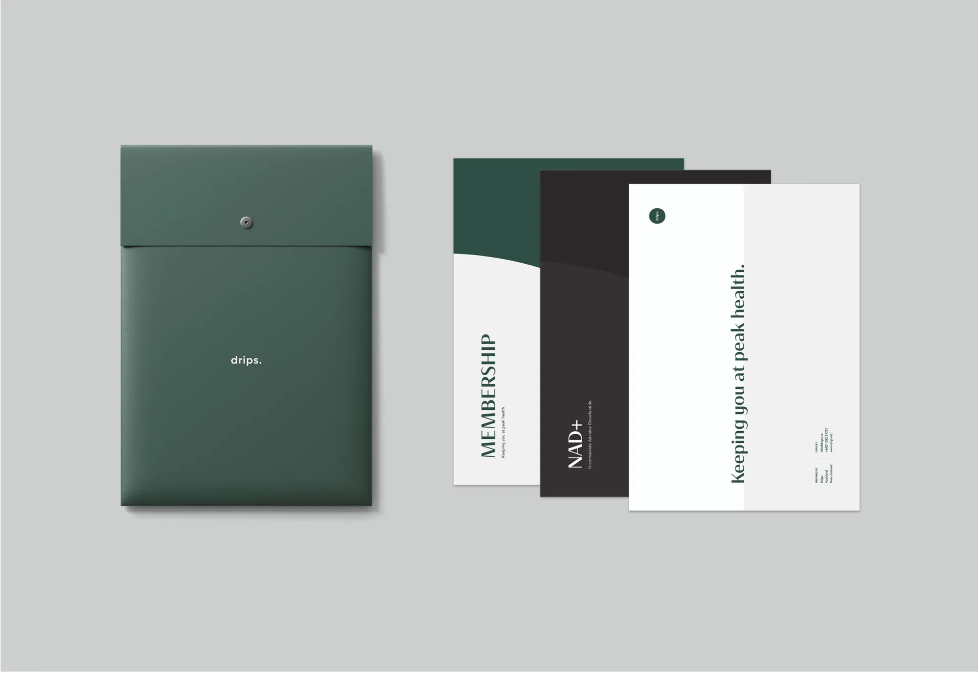 A green Drips folder beside membership and NAD+ cards.