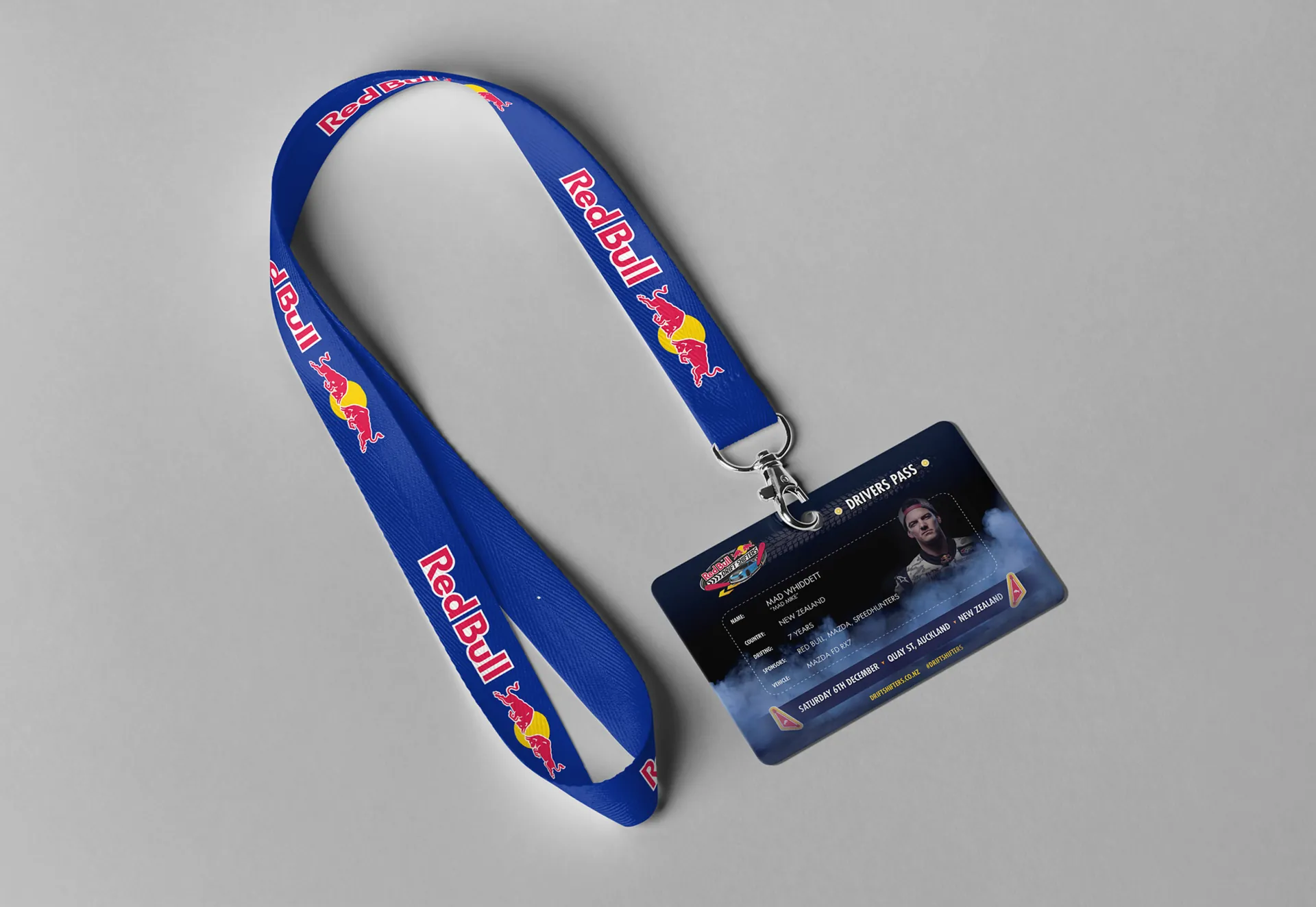 A Red Bull lanyard with a Drift Shifters driver’s pass.