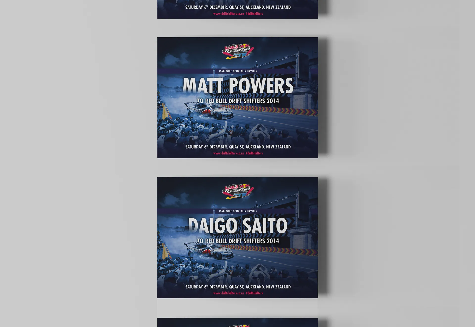 Red Bull Drift Shifters 2014 invitations named for the drivers, Matt Powers and Daigo Saito among them.