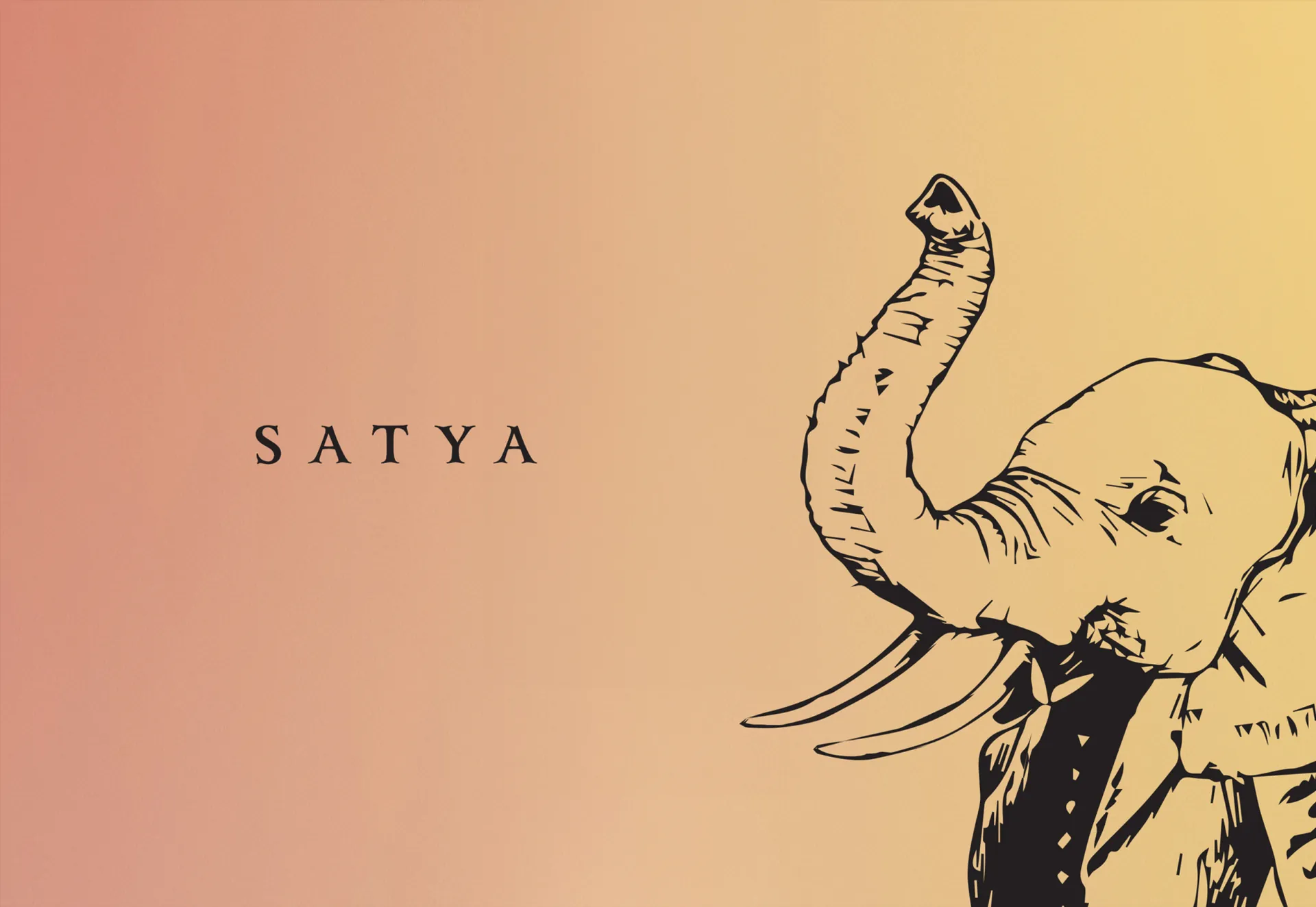 The Satya wordmark beside its elephant illustration on a pink-to-gold ground.