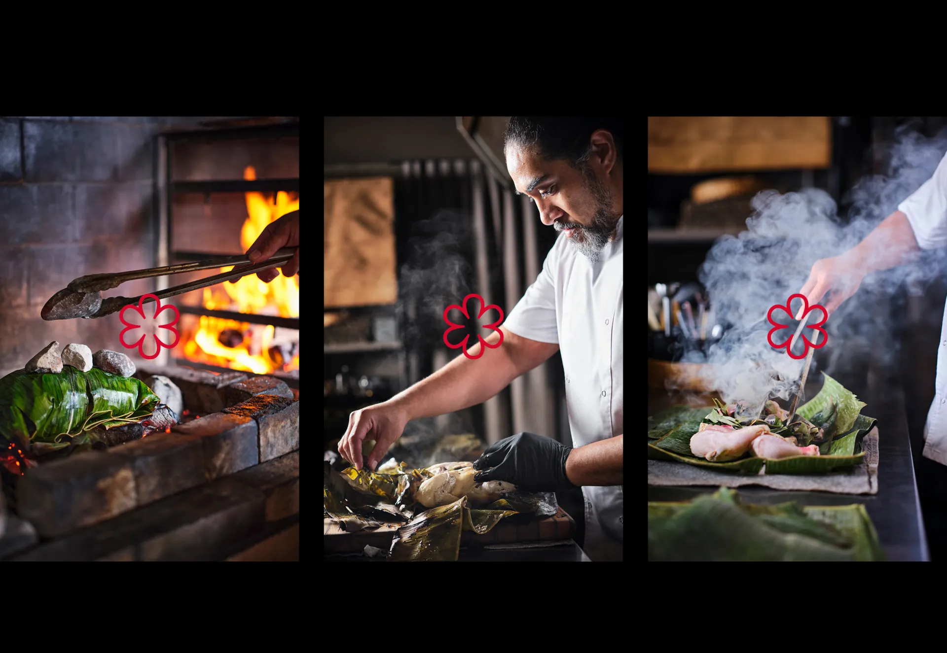 Chef Henry cooking over fire, in three photographs each marked with the Michelin flower.
