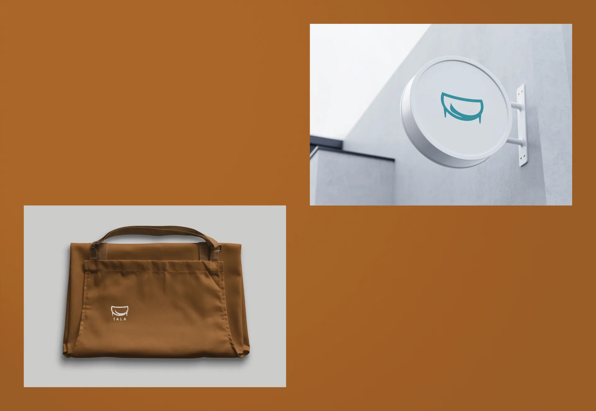 A Tala canvas bag and a round Tala sign on a white wall, on an orange ground.