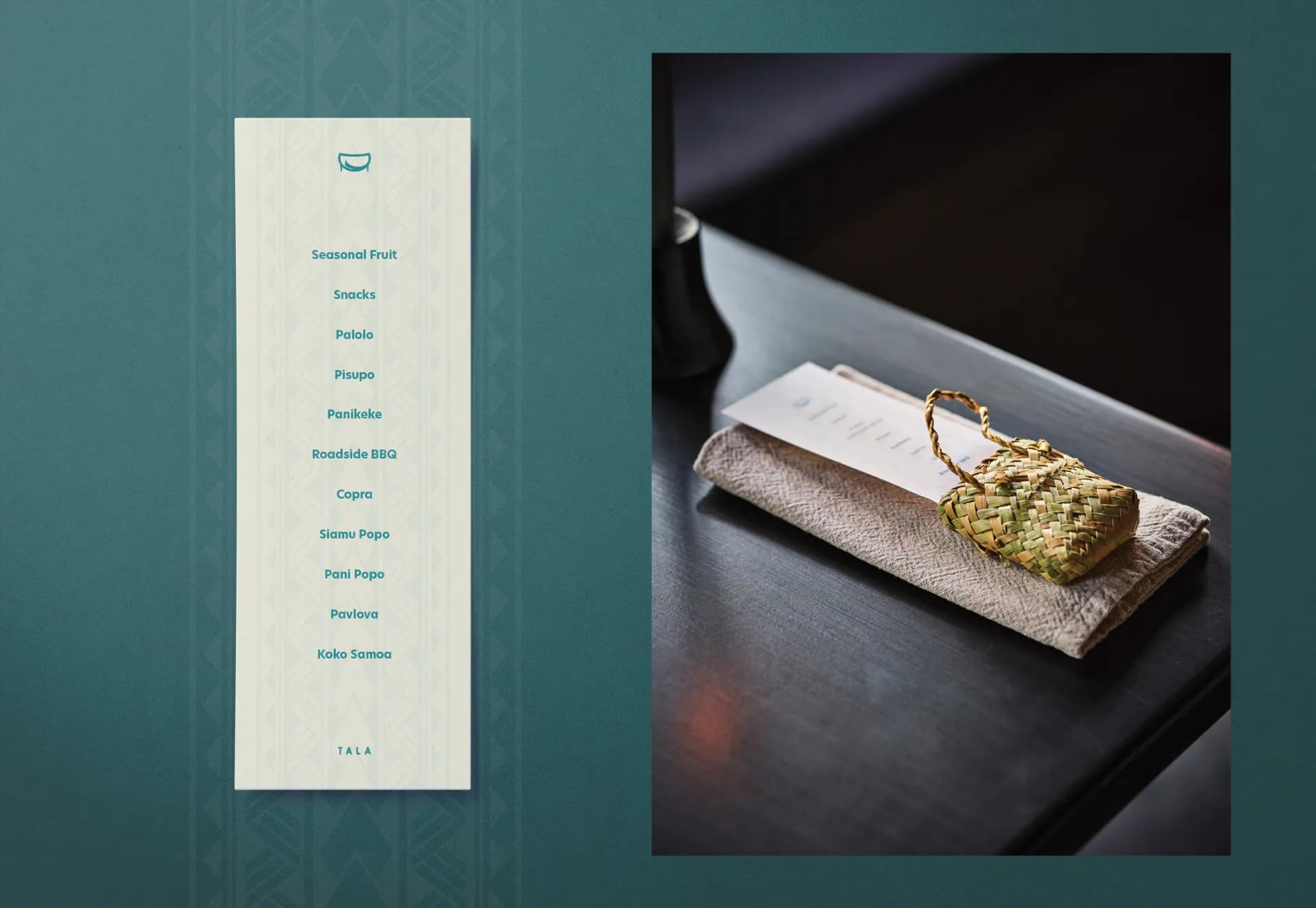 A Tala menu beside a dish in a woven parcel on a dark table, on teal.
