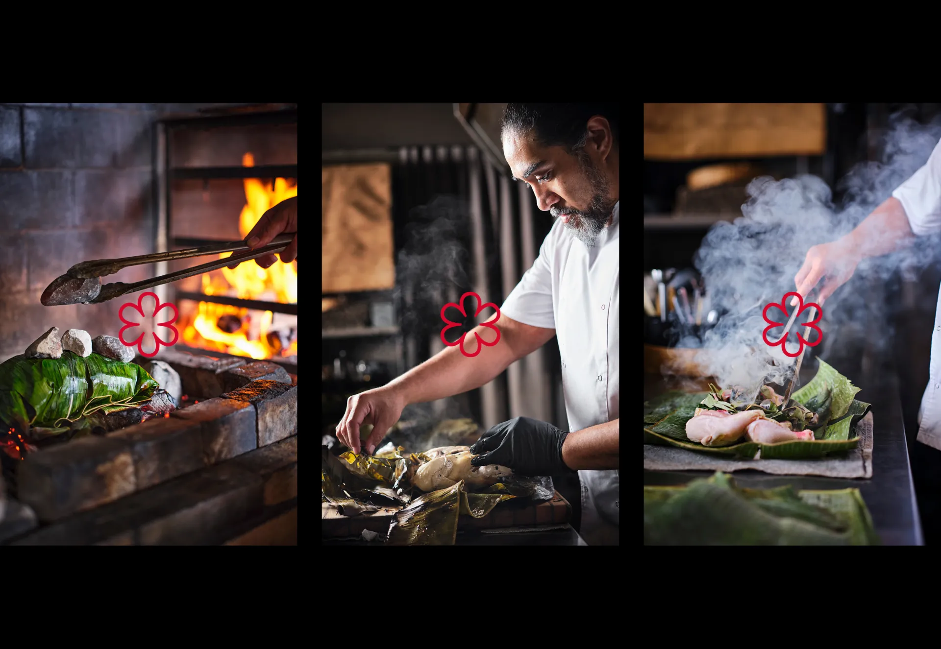 Three photographs of Chef Henry at the fire, each marked with the Michelin flower.