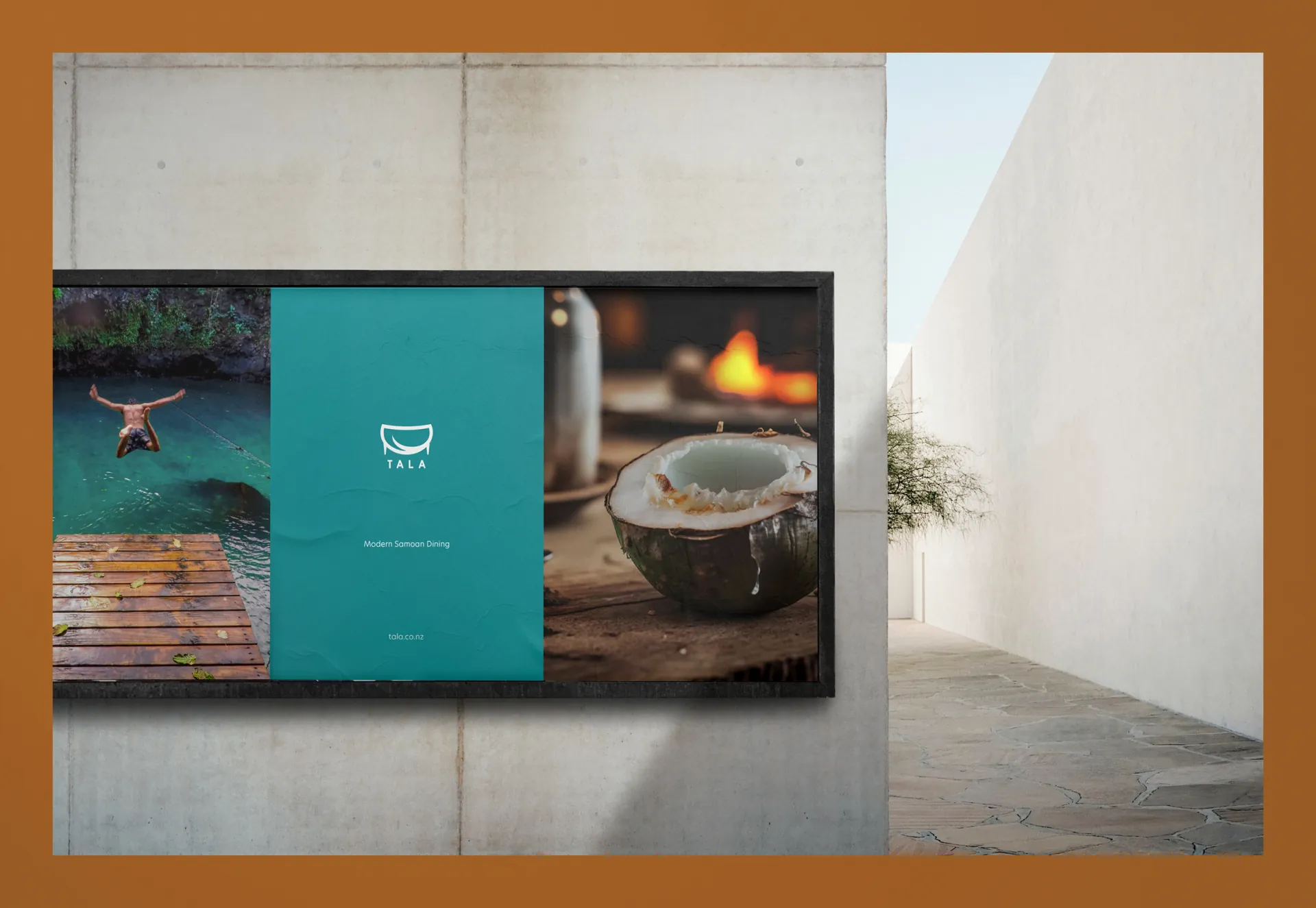 A Tala poster on a concrete wall: a swimmer, the Tala logo on teal and a coconut by the fire.