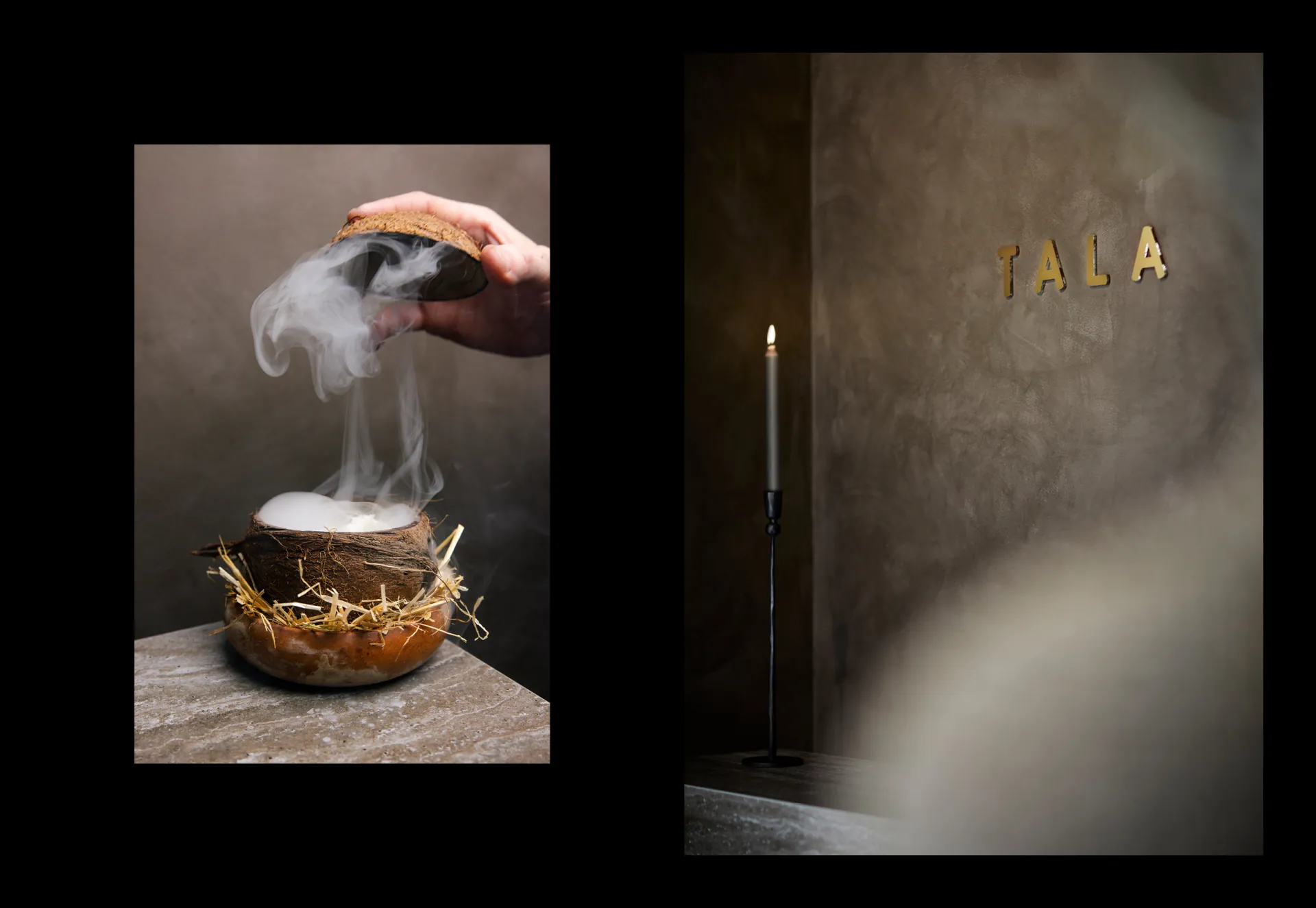 A smoking coconut dish lifted by hand, beside Tala lettering on a candlelit wall.