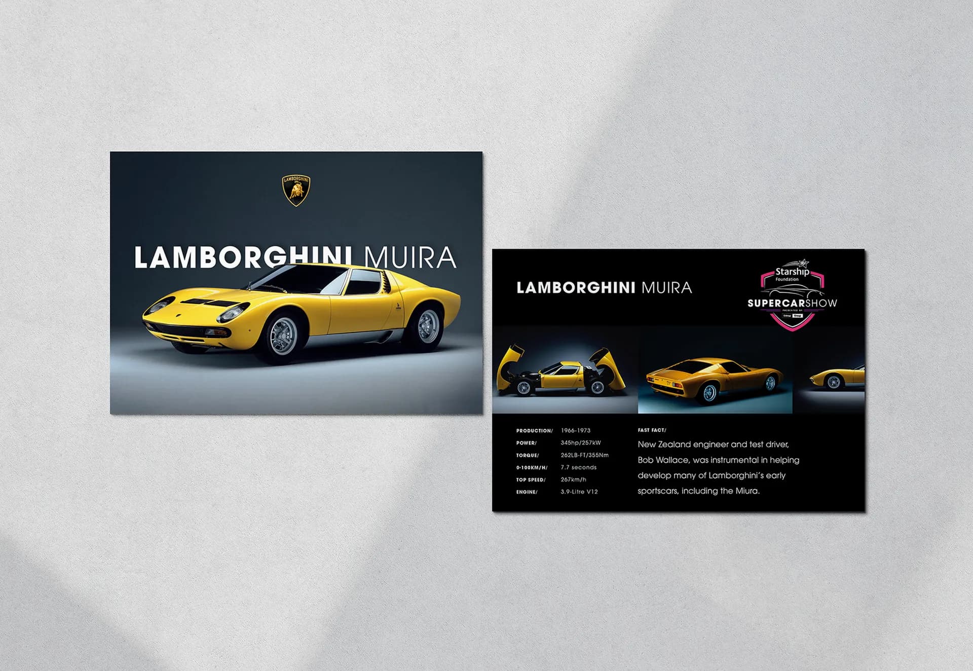 Two Supercar Show cards for the Lamborghini Miura.