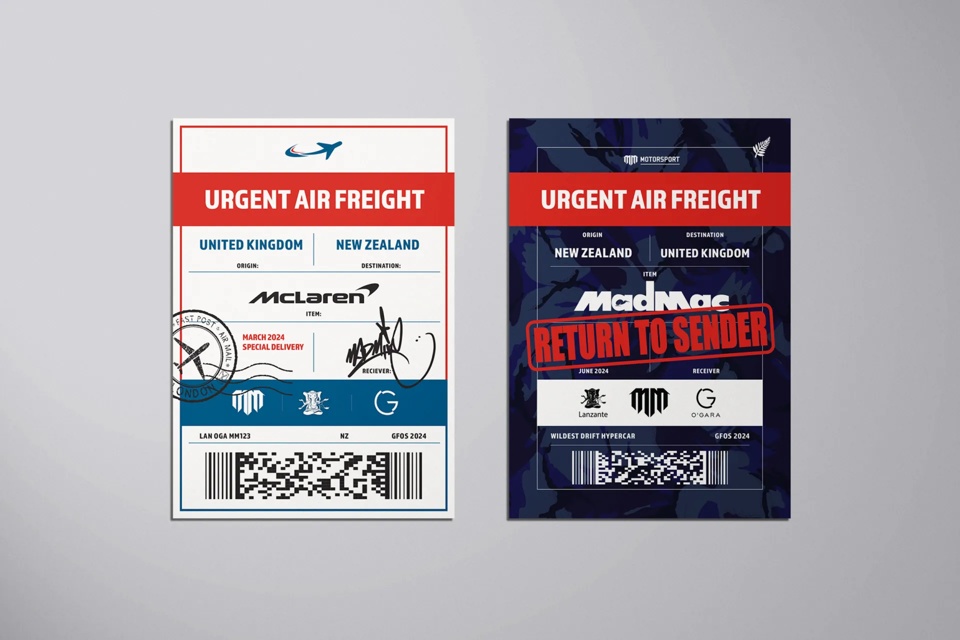 Two “Urgent Air Freight” transport labels for the car, one stamped “Return to sender”.