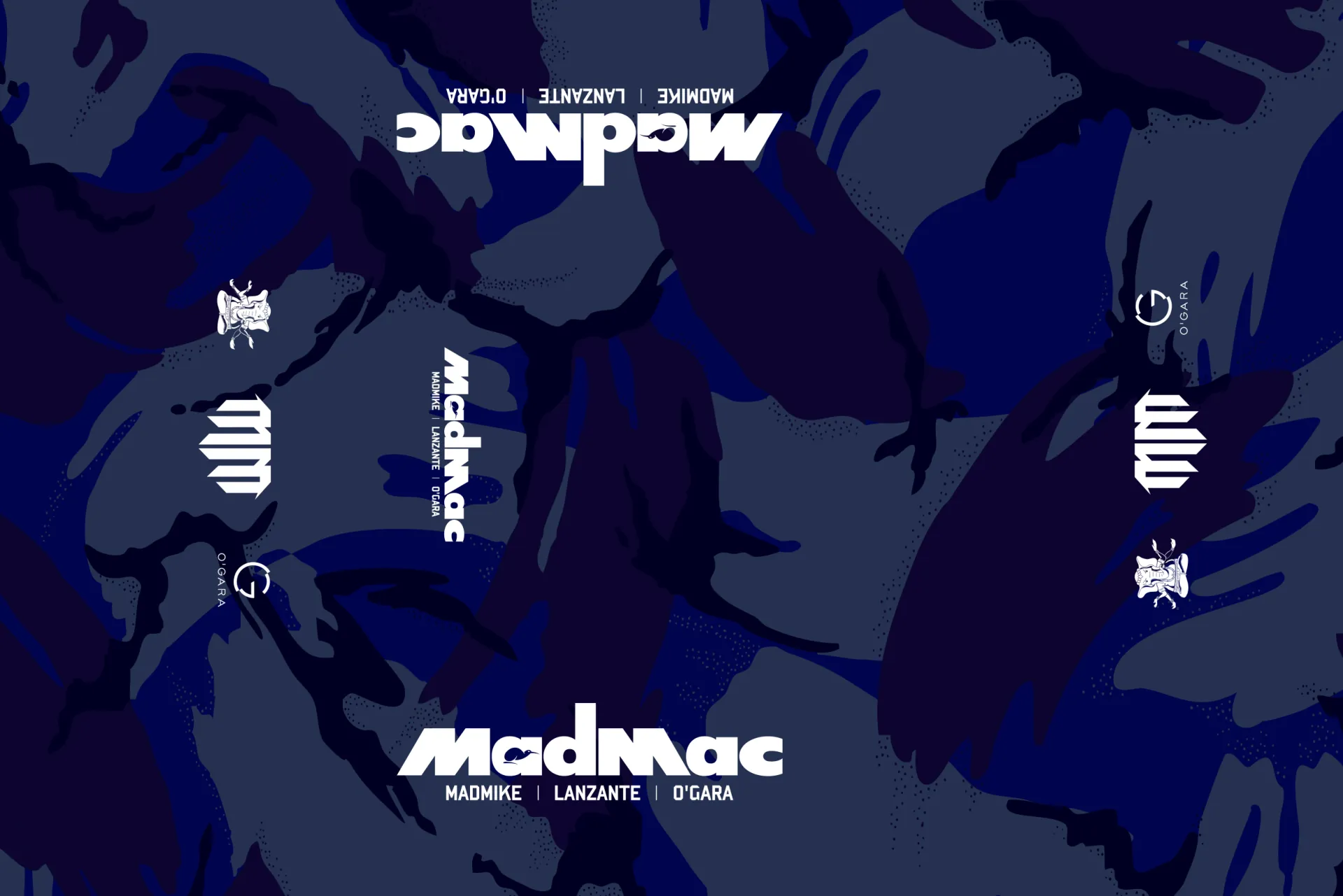 The MadMac wordmark and partner marks on a dark blue camouflage pattern.