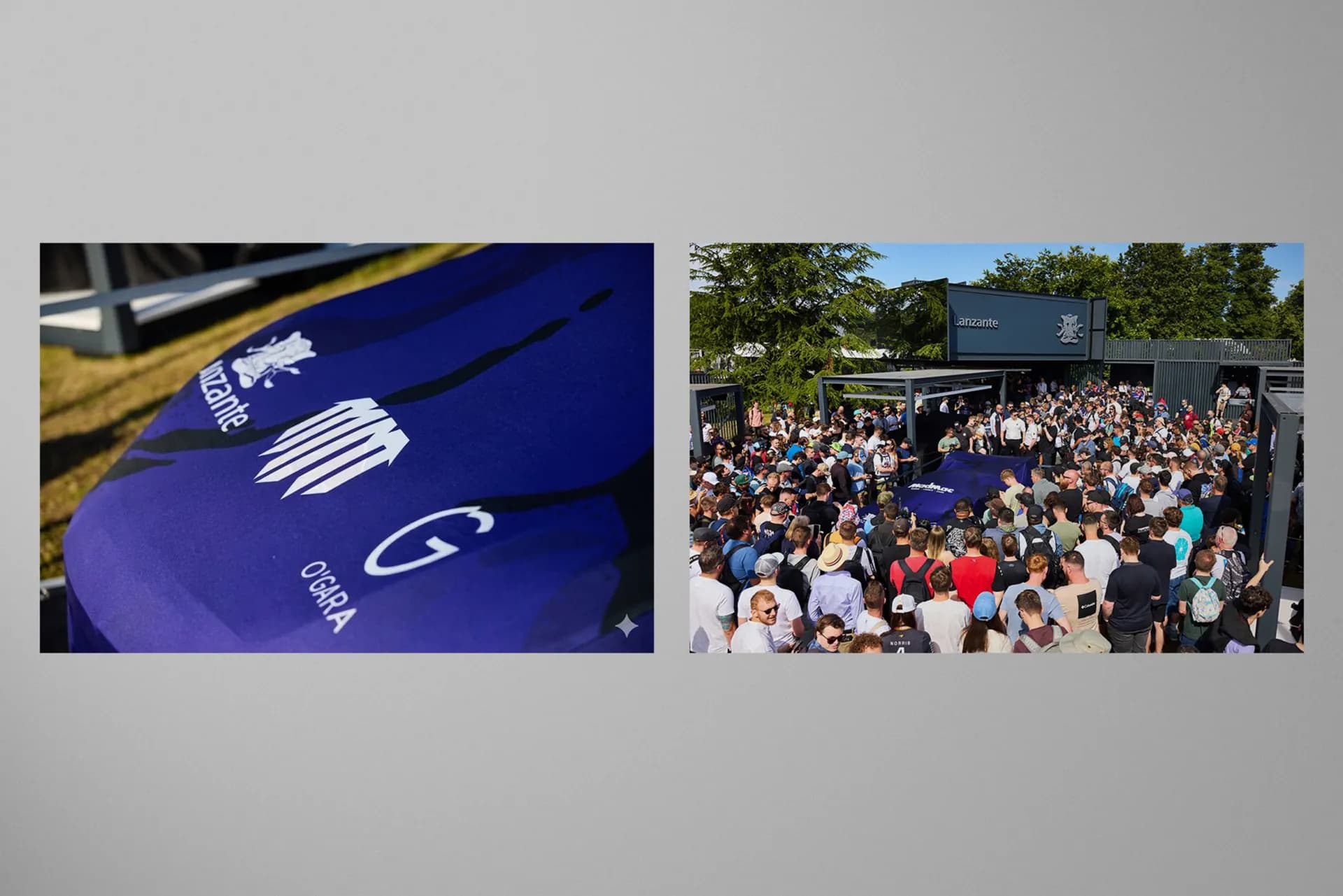 The car under its blue MadMac cover, beside crowds around the car at an event.
