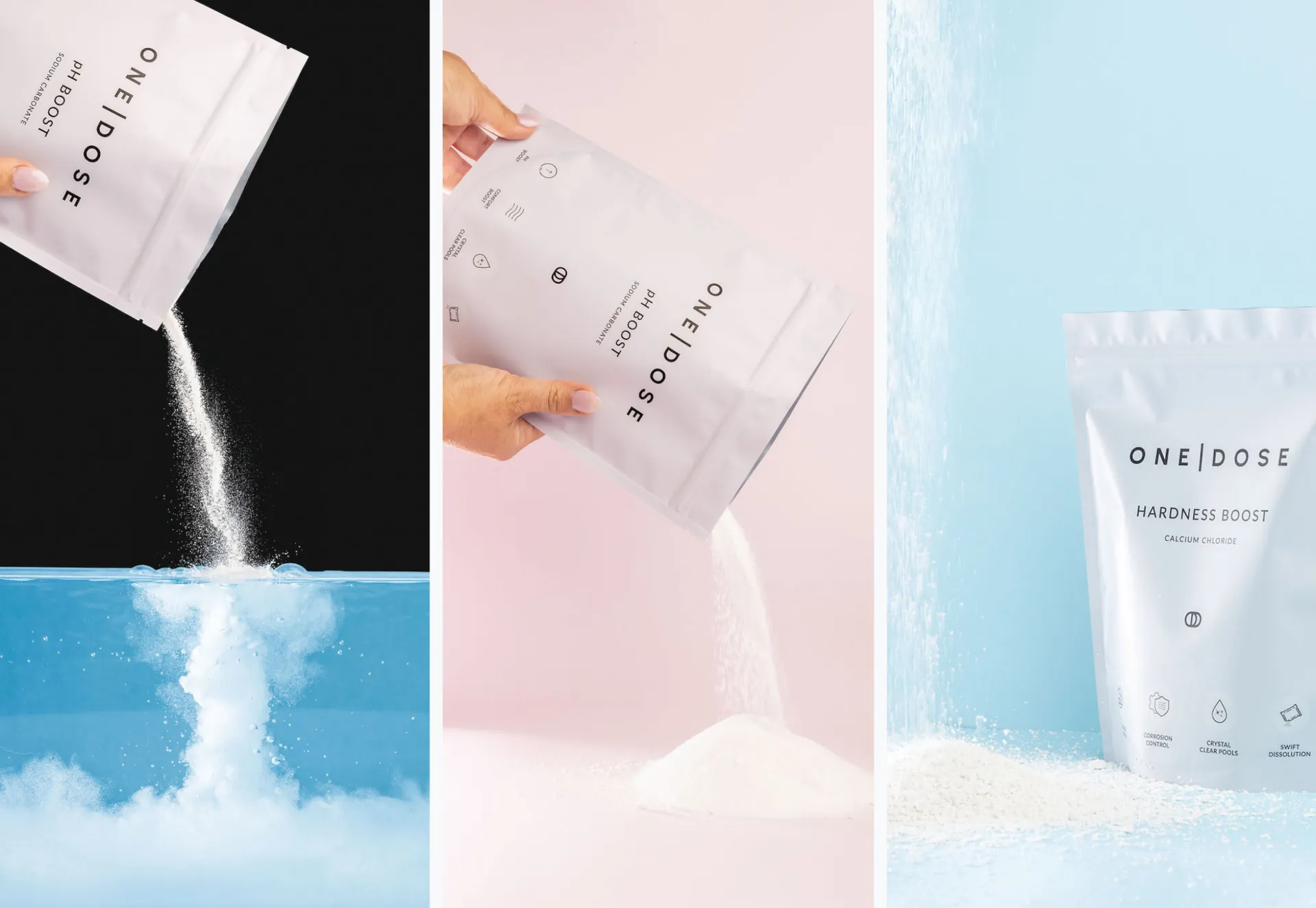 One Dose pouches pouring powder into water, in three photographs.