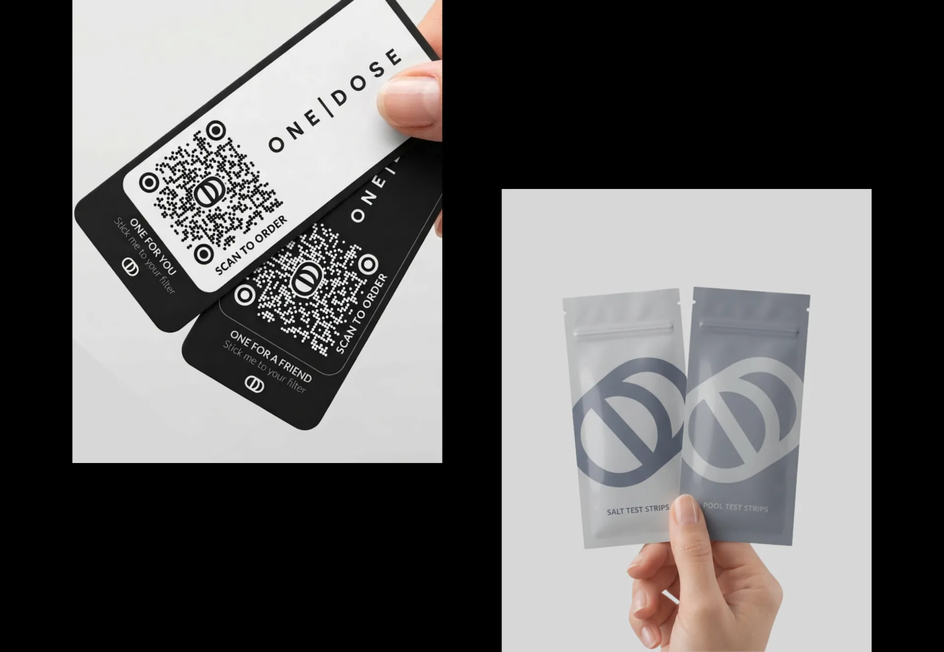 One Dose cards with QR codes to order, beside a hand holding two clear sachets.