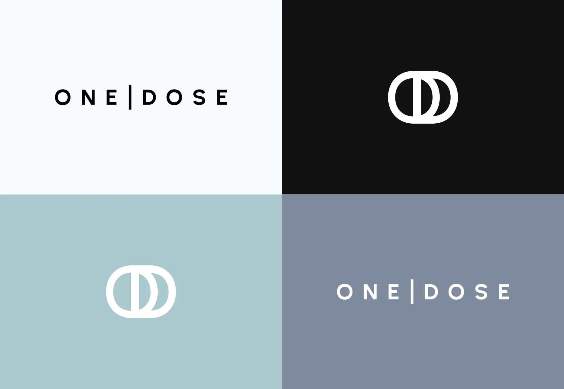 The One Dose wordmark and mark on four grounds: white, black, pale blue and grey.