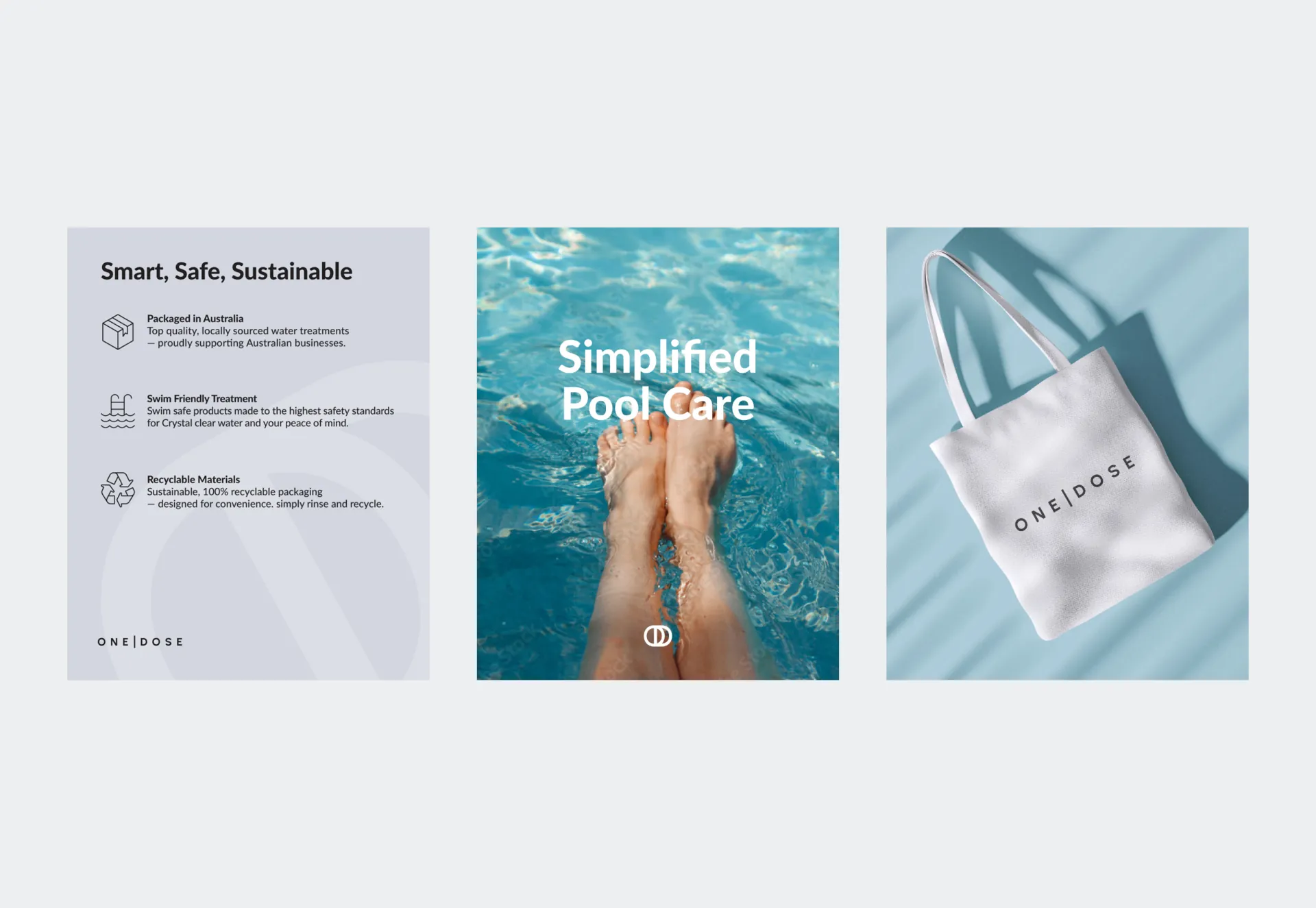 A One Dose leaflet, a Simplified Pool Care card and a One Dose tote bag, side by side.