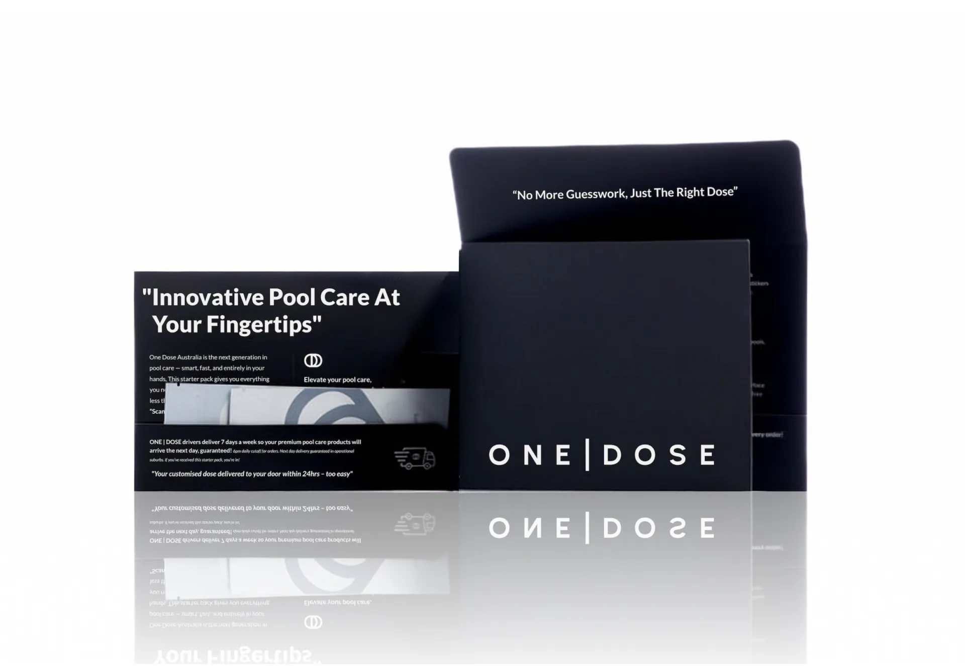 The One Dose starter mailer, open beside its sleeve, on white.