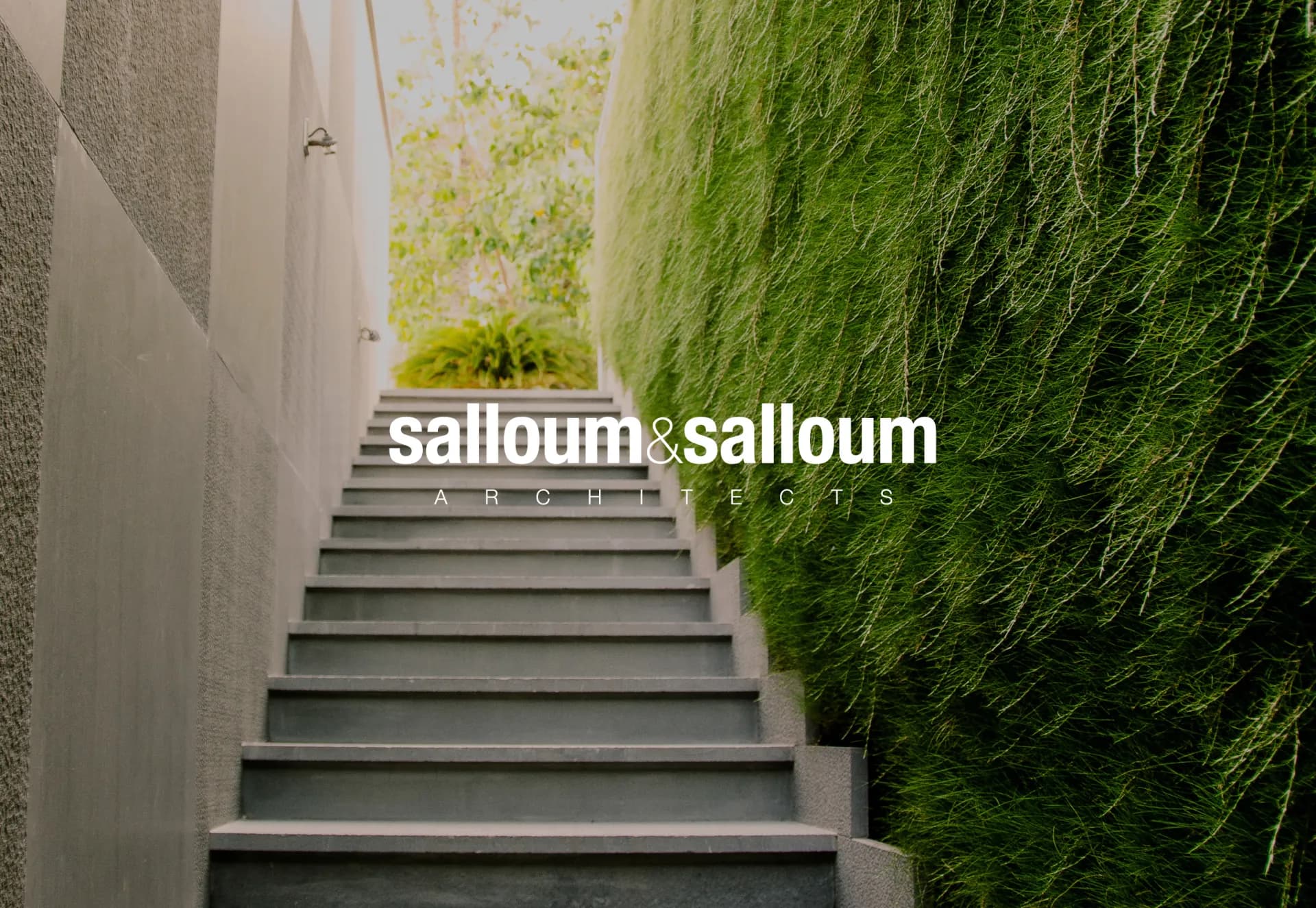 The Salloum & Salloum Architects wordmark over concrete steps rising beside a wall of green.
