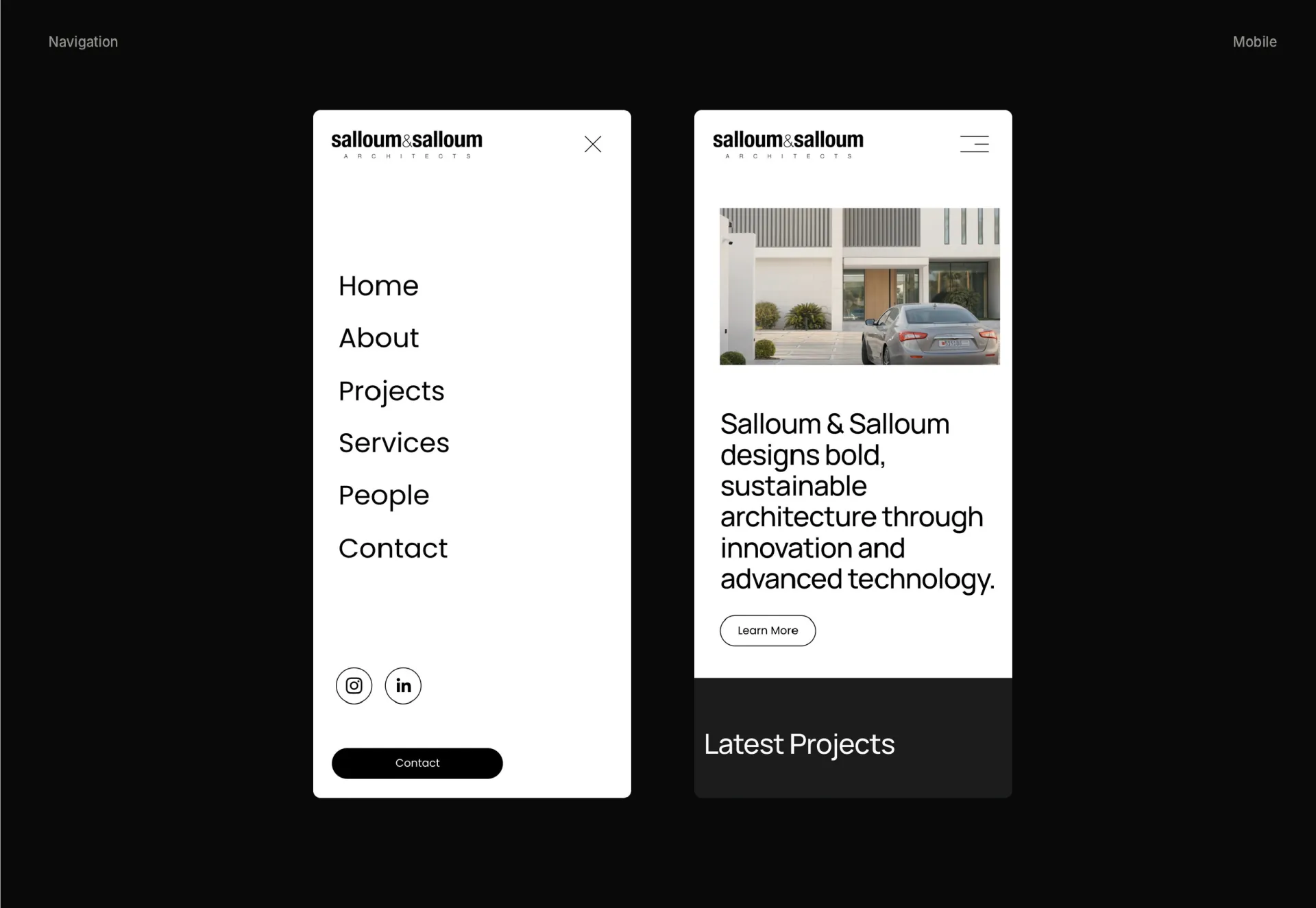 The Salloum & Salloum website on a phone: its menu and its home screen.