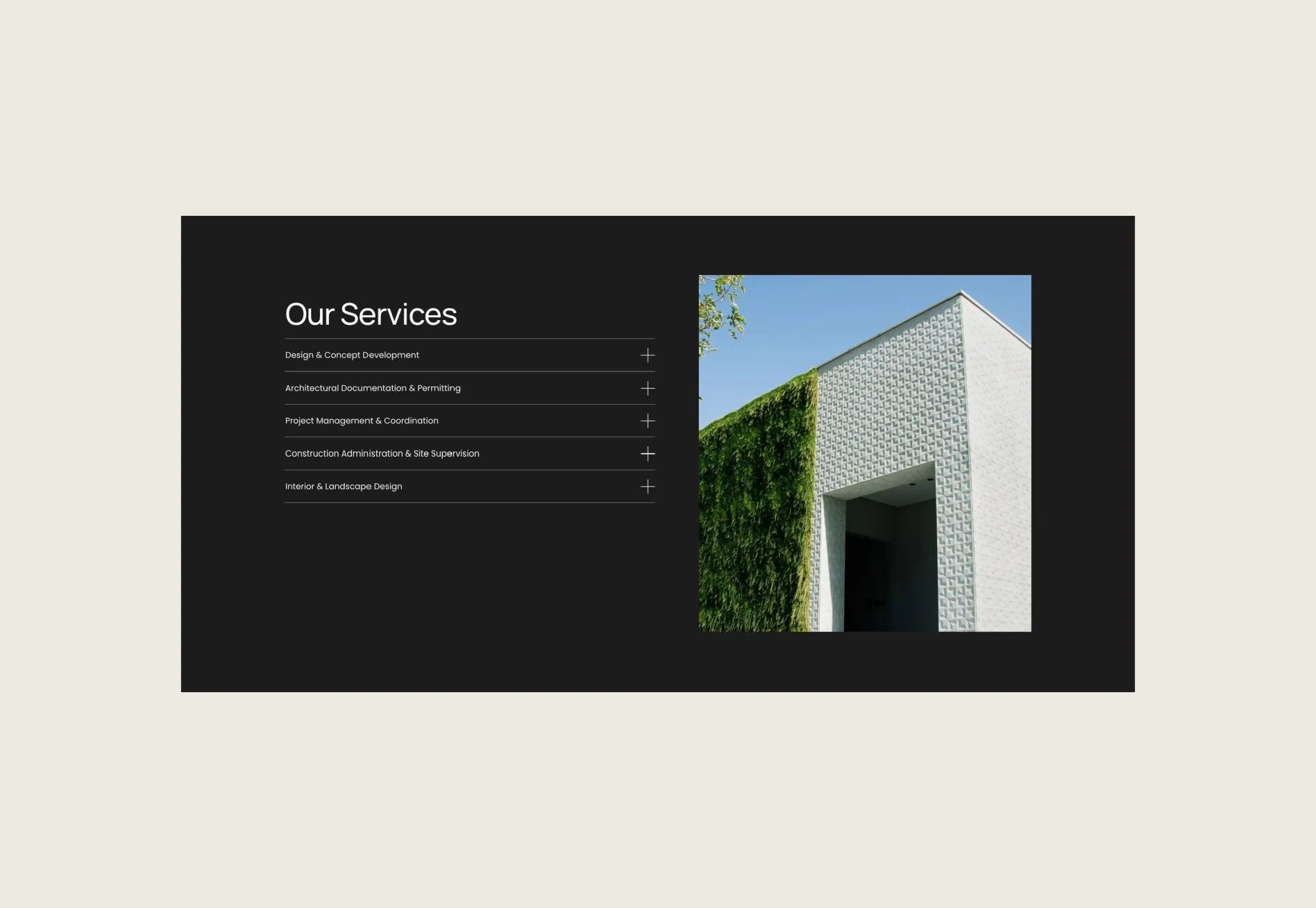 The website’s Our Services list beside a white building with a green wall.