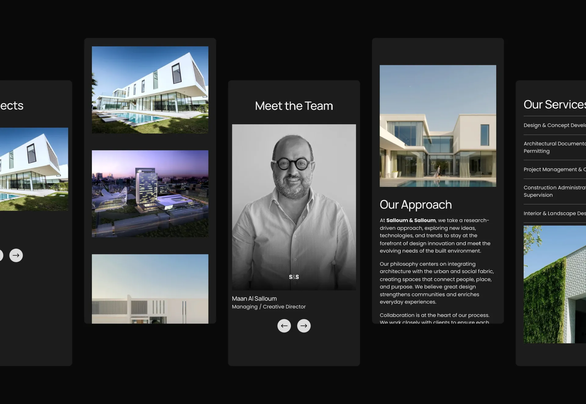 Screens from the Salloum & Salloum website: its projects, Meet the Team and Our Approach.