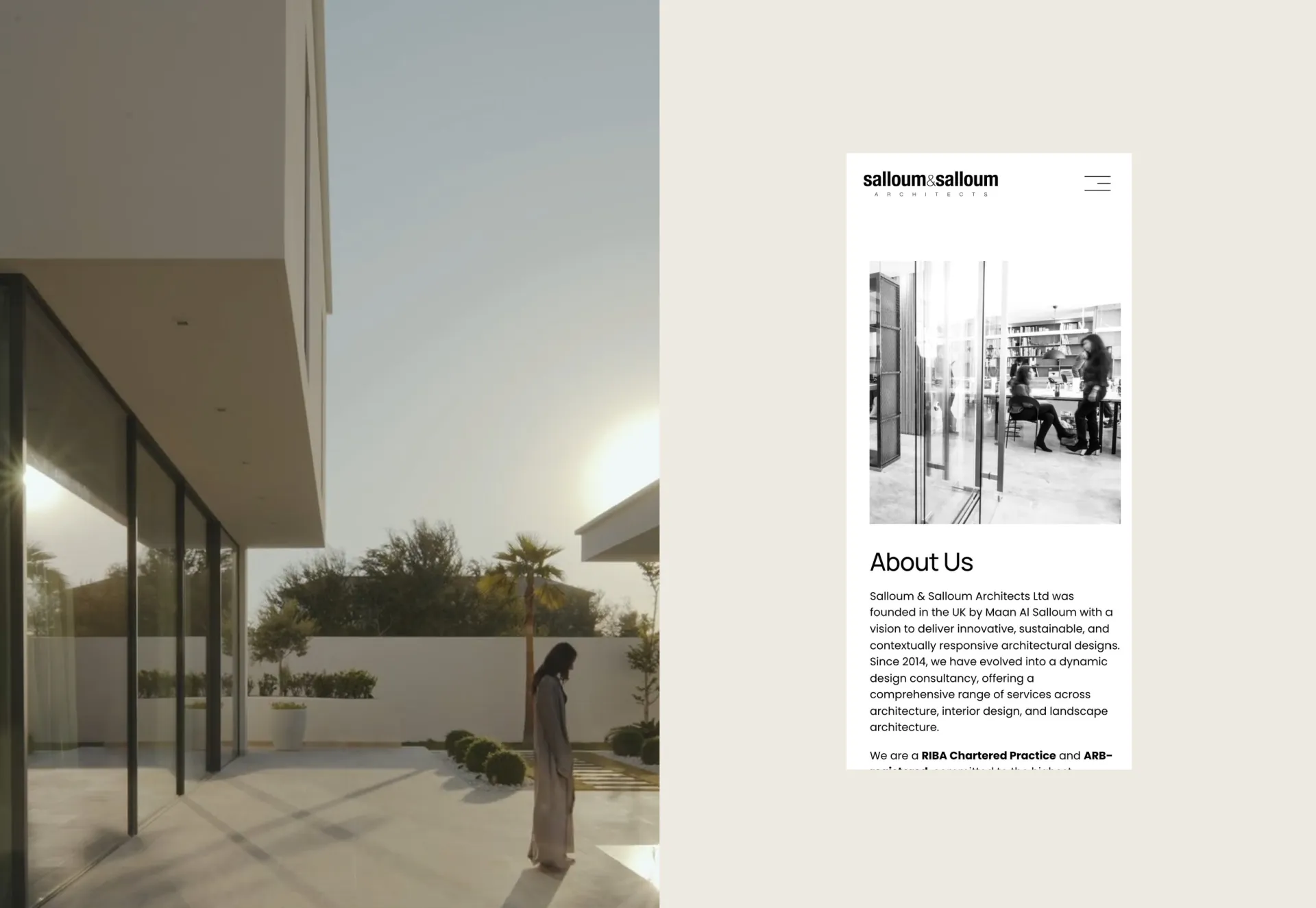 A woman walking past a glass villa, beside the website’s About Us page on a phone.