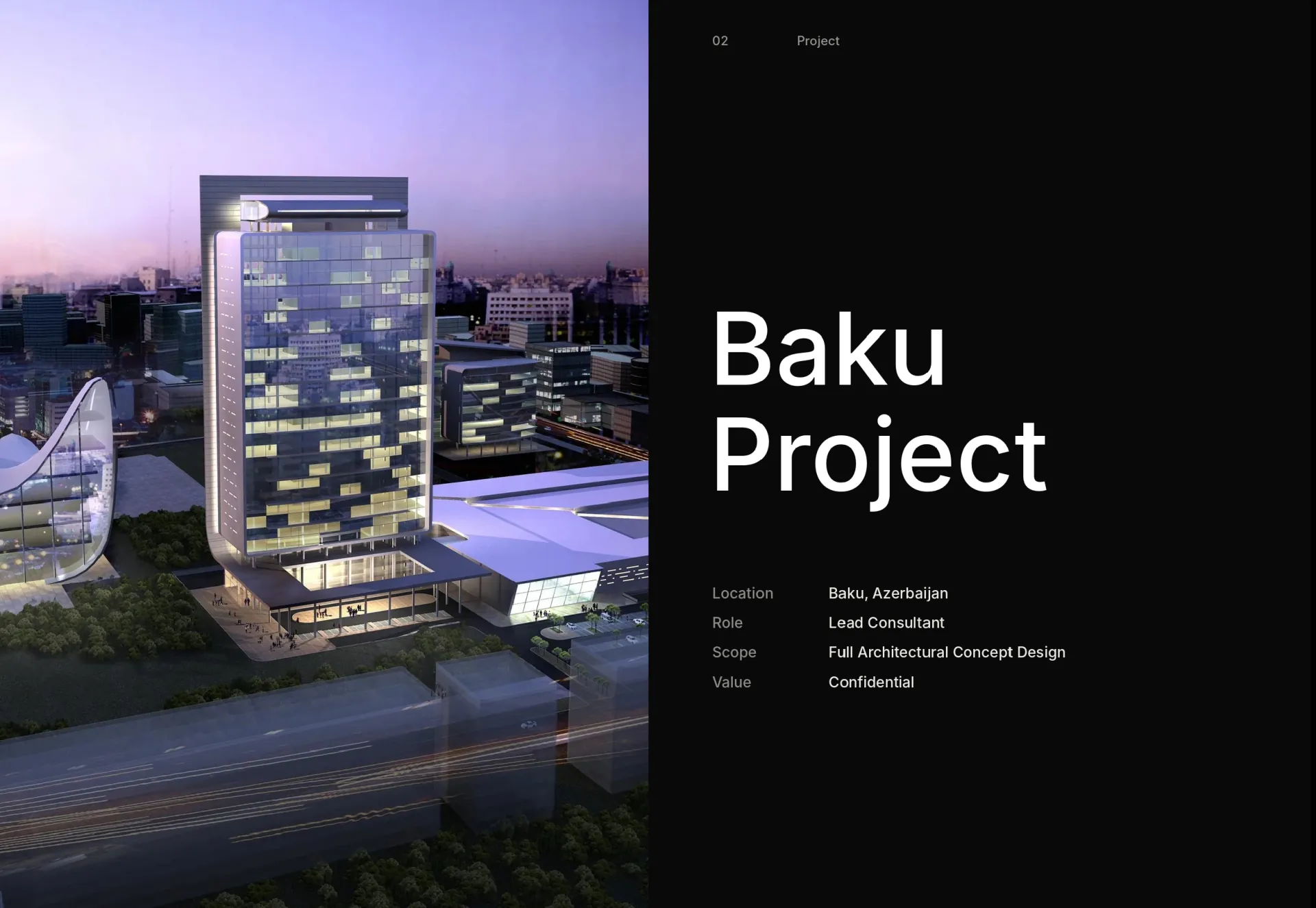 The website’s Baku Project page beside an evening view of a tower in Baku.