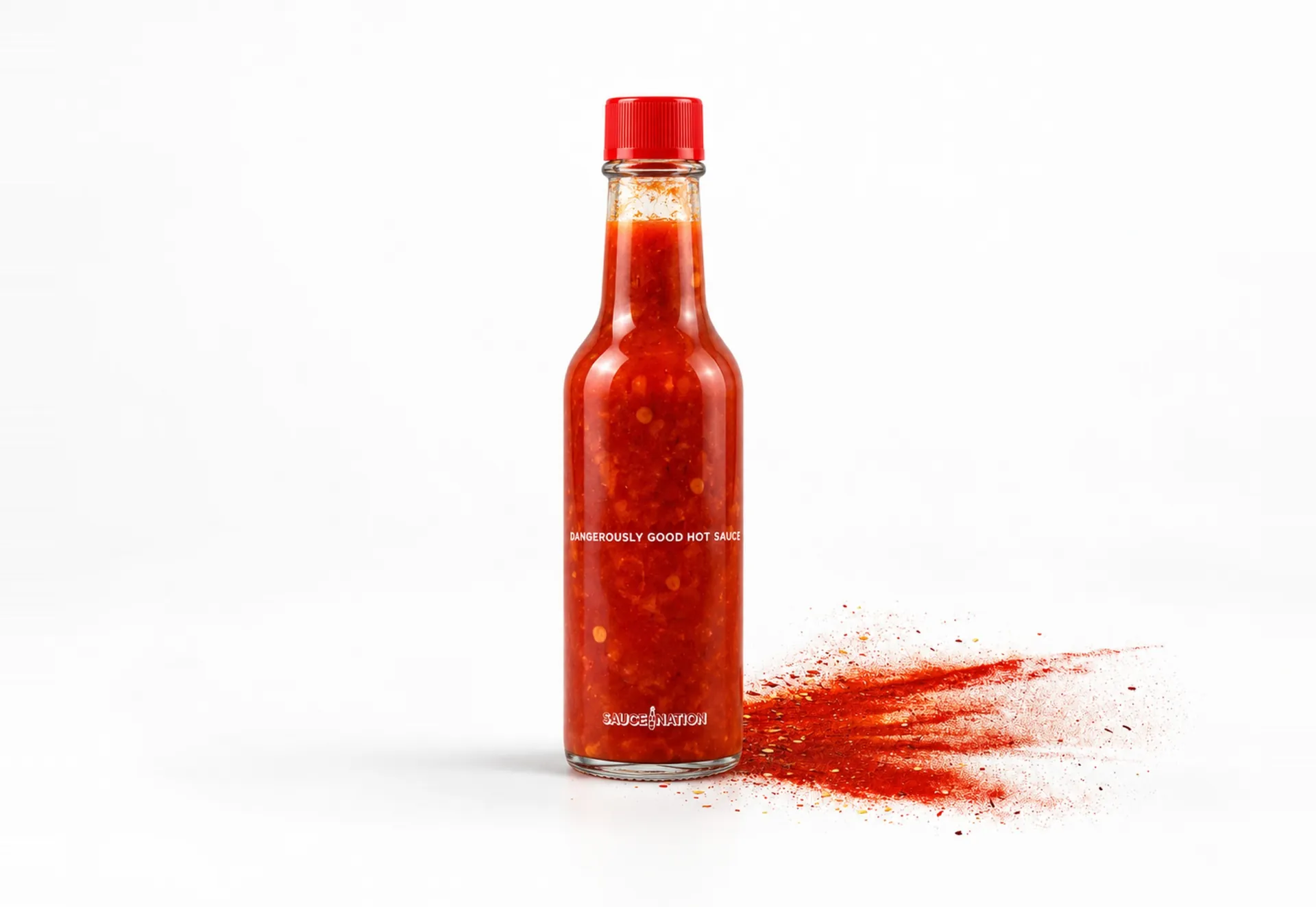 A SauceNation hot sauce bottle beside a burst of red chilli powder on white.