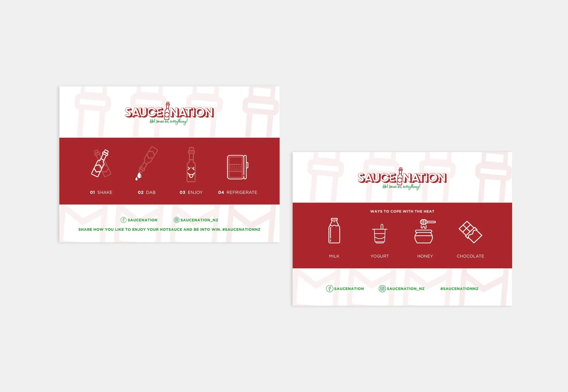 Two SauceNation cards with line drawings of serving instructions and tips for handling the heat.