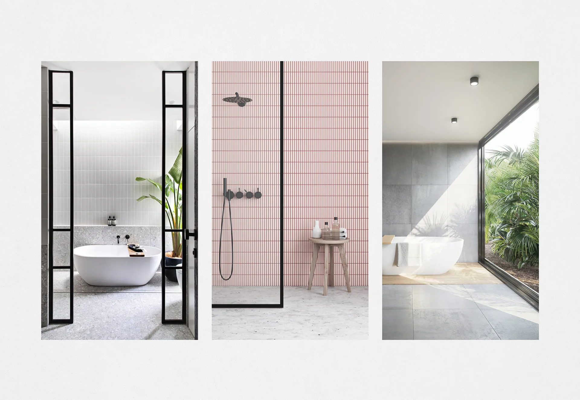 Three bathroom photographs side by side: a black-framed screen, pink tiles and grey tiles.