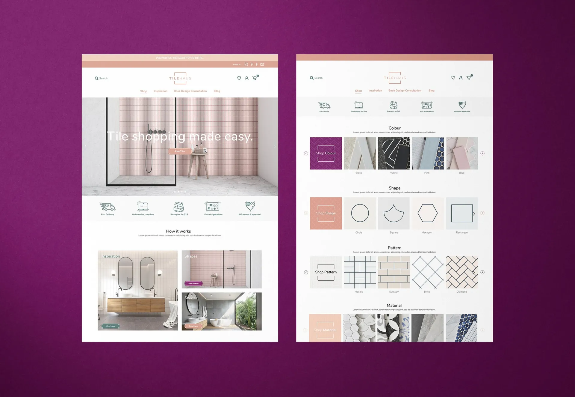 Two pages of the TileHaus website on deep plum.